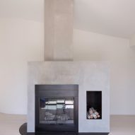 A large concrete fireplace