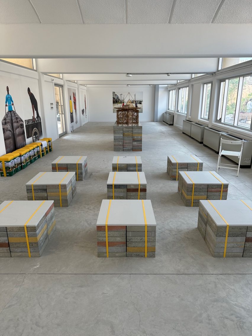 Exhibition displays are created from stacks of construction material 