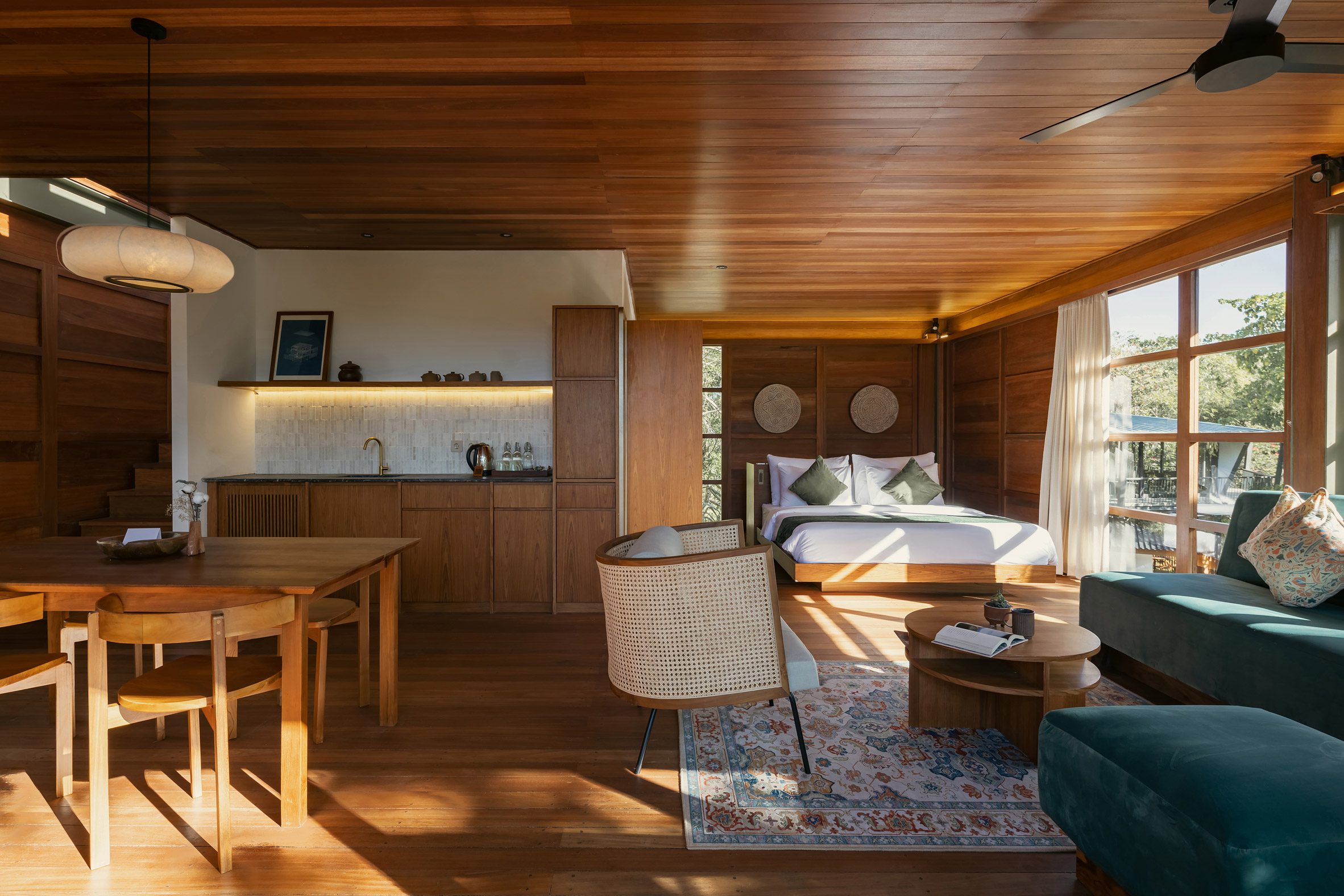 Wooden interior at resort by Stilt Studios