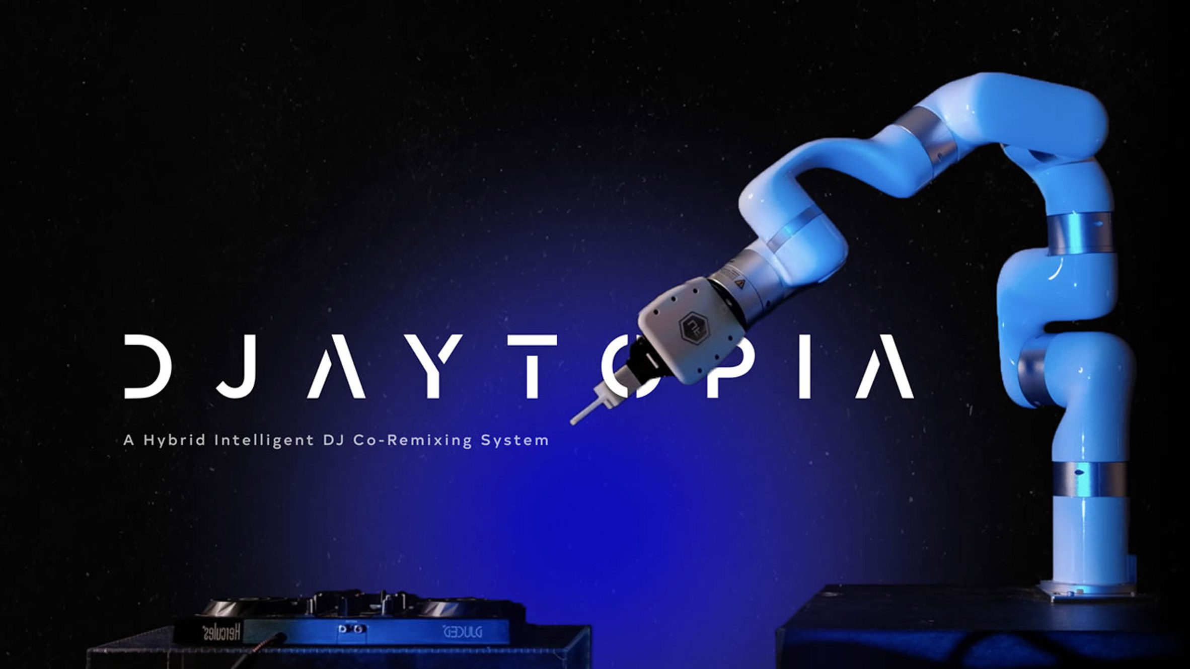 a DJ set controlled by a robotic arm, cover image of DJaytopia system developed by students at Hong Kong Polytechnic University