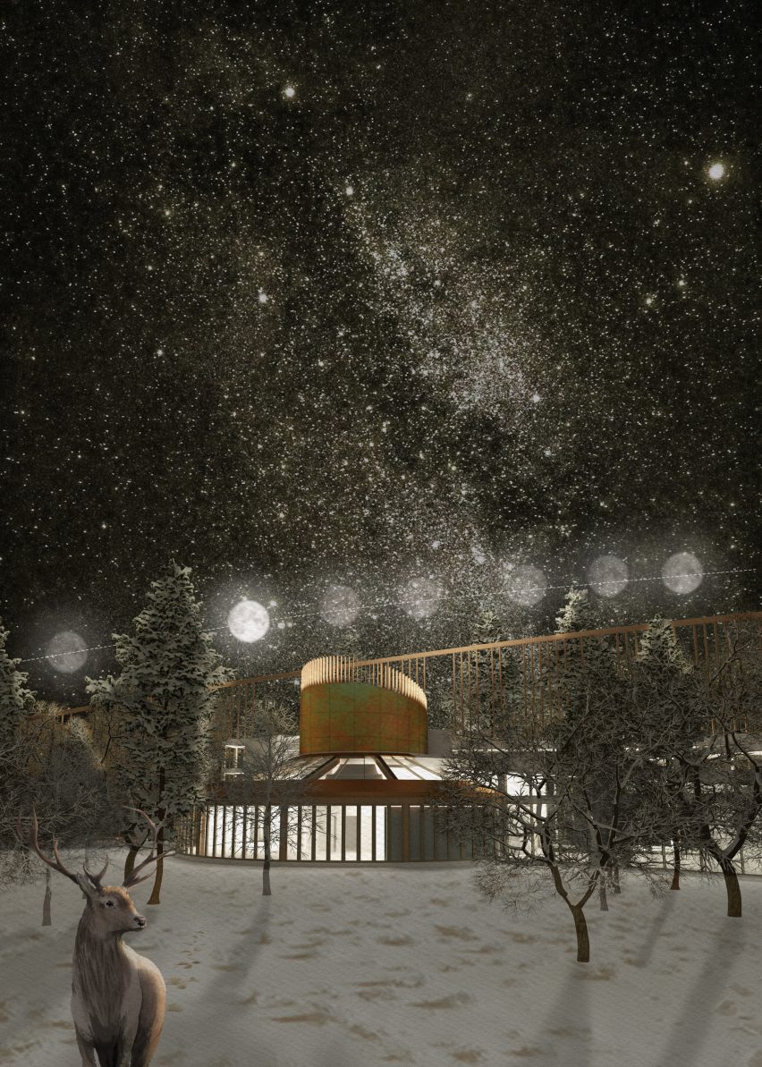 Architectural visual of an education centre in a snowy landscape