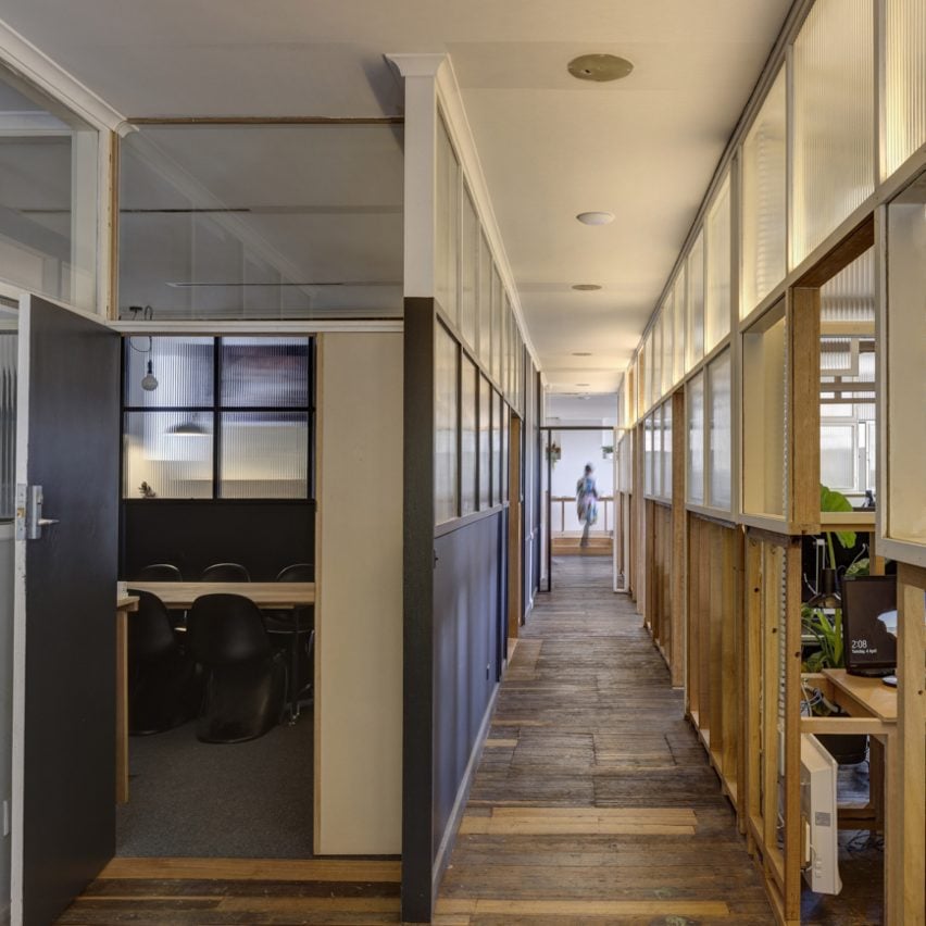 Interior view of TERRIOR's Hobart office featuring existing timber partitions