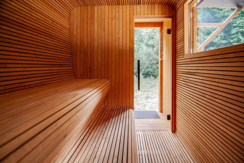 Sauna interior lined with Thermory products