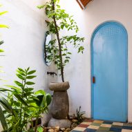 Entrance with a blue door and planting at Tile House by The Bloom Architects