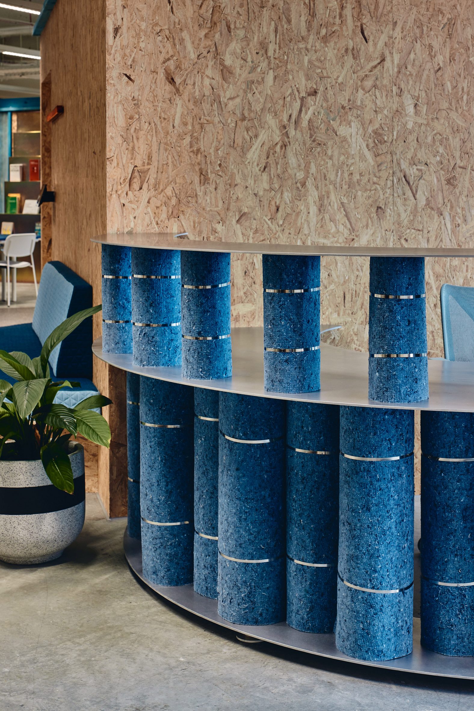 Reception desk made from denim spools in Today Design office by Studio Edwards