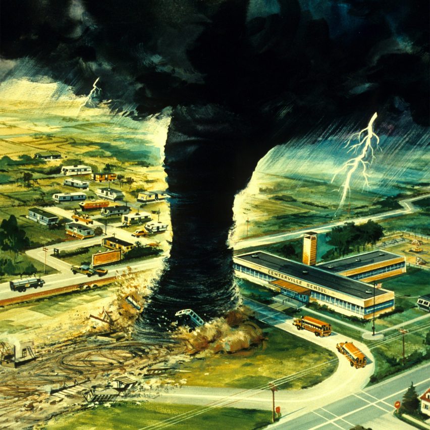 A drawing of a tornado about to hit a school