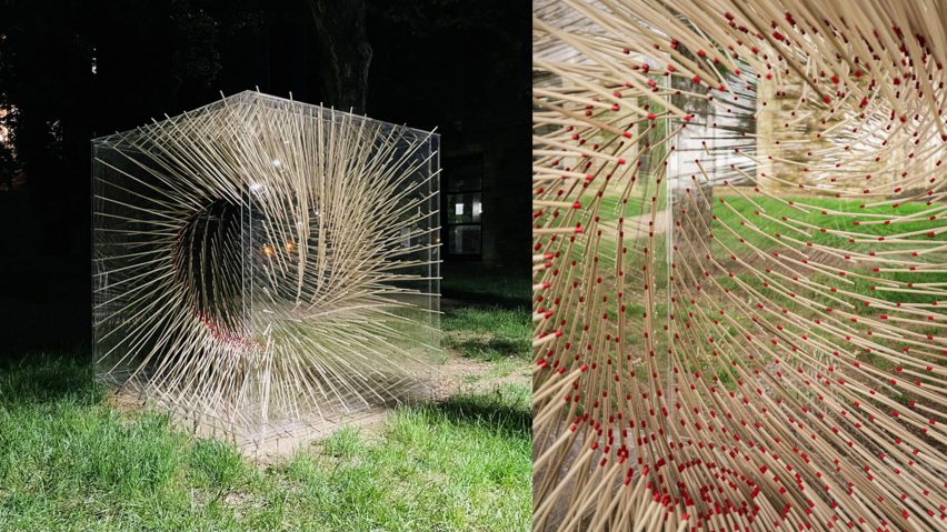 Photographs showing a scultpural form made from a transparent cube with matches inside it