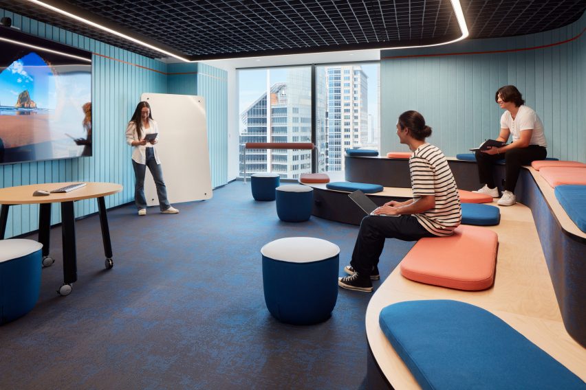 Office space with colourful acoustic panels