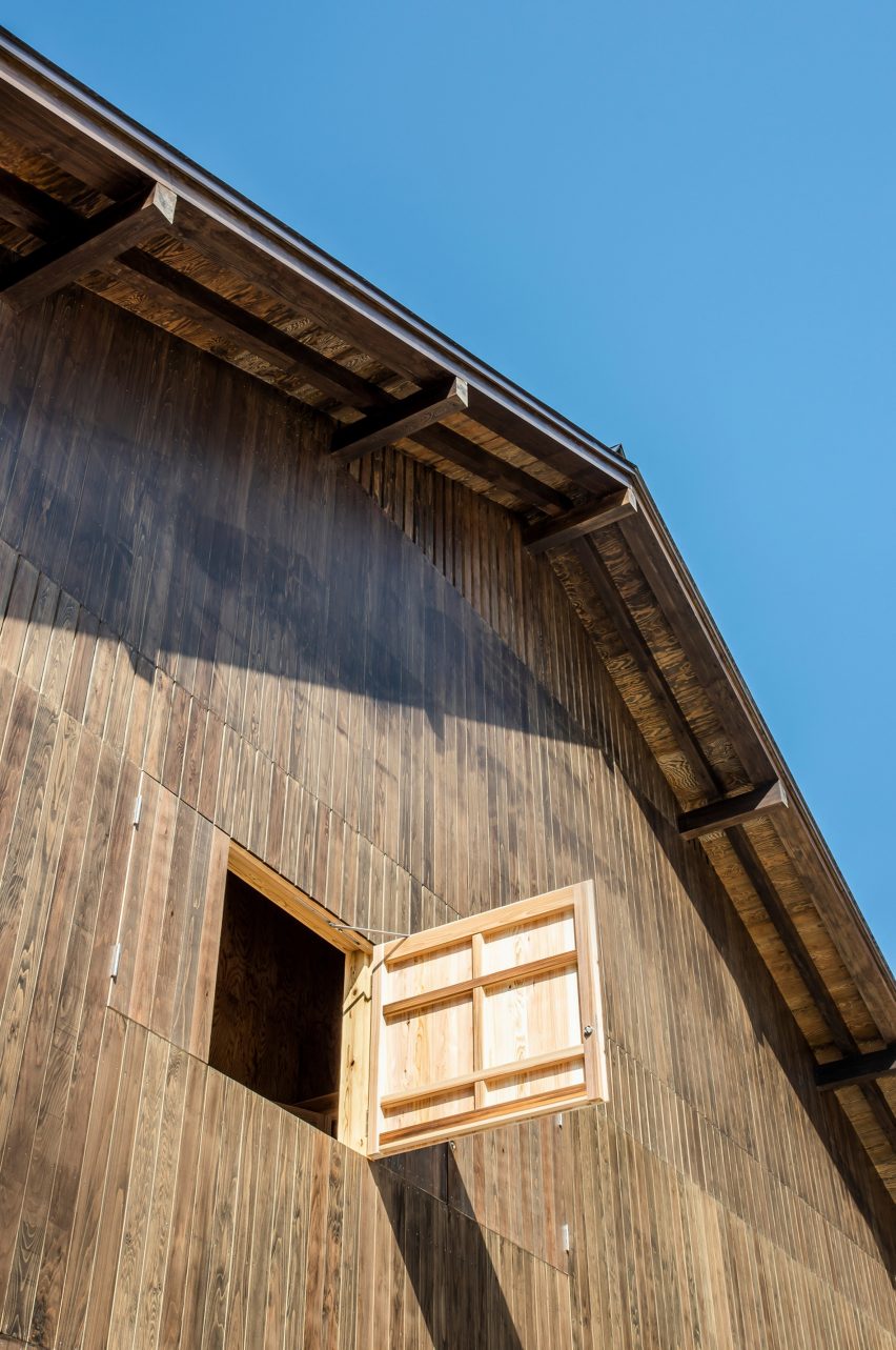 Window in cedar building by Kei Kaihoh Architects in Joetsu City, Niigata Prefecture