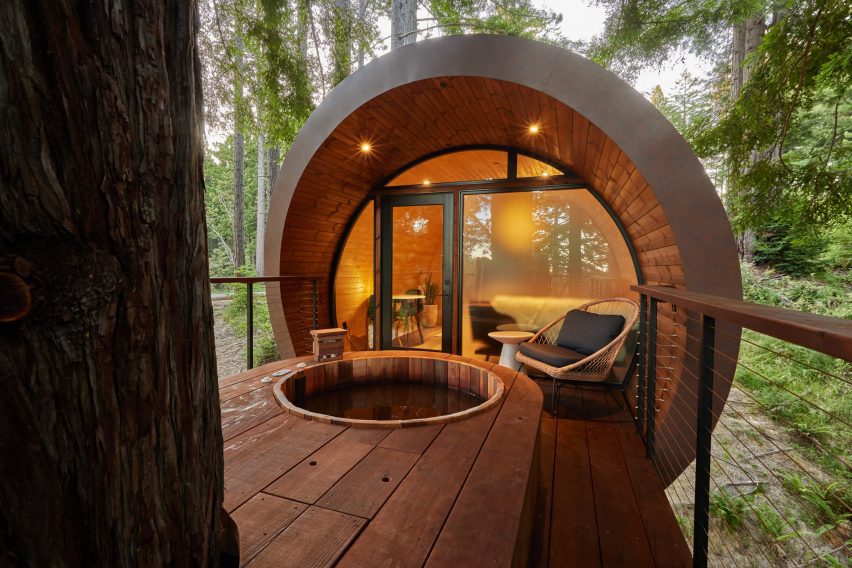 wood fired hot tub in the trees