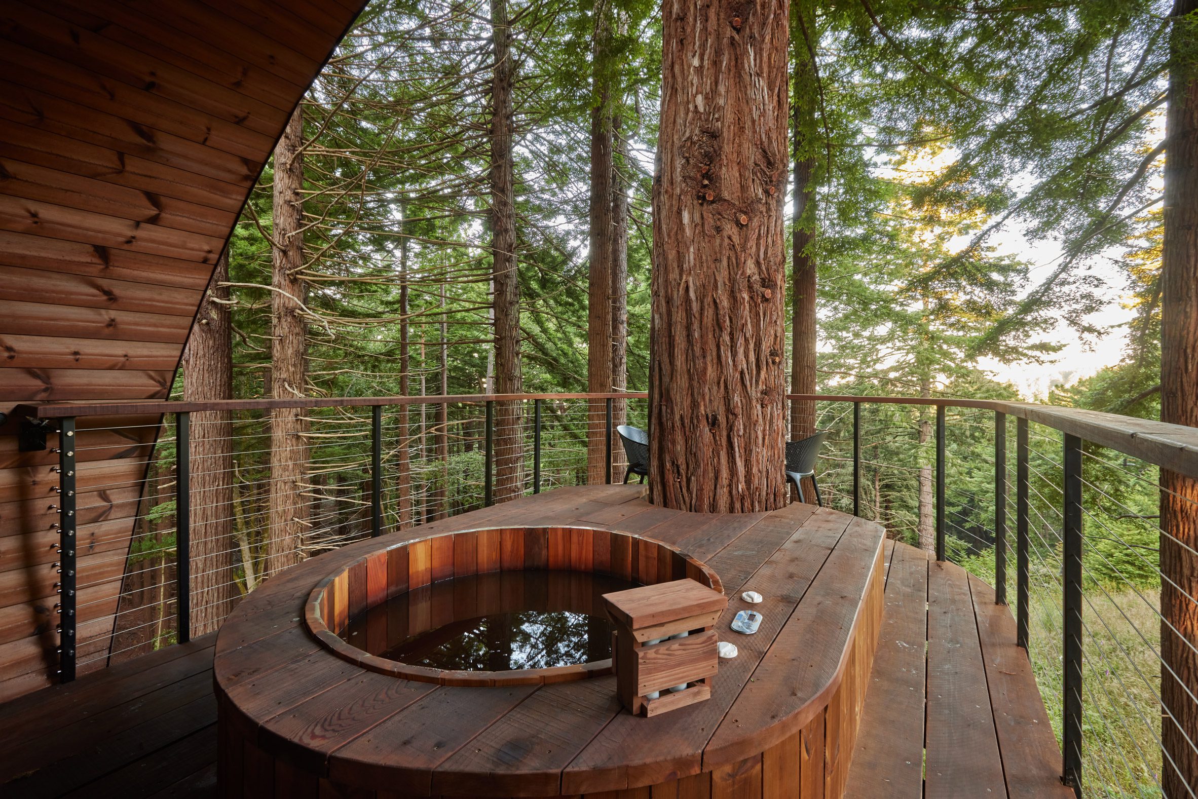 Wooden hot tub on deck