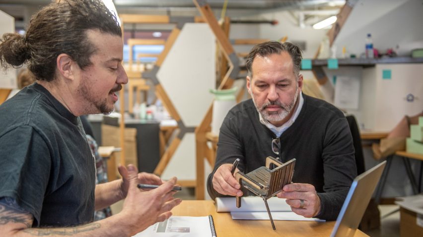 Misha Villanueva working with industrial design professor at Cleveland Institute of art Dan Cuffaro