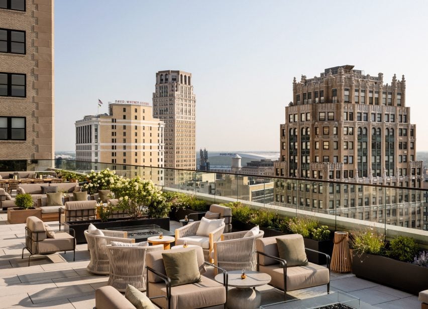 Expansive outdoor terrace with views across Detroit
