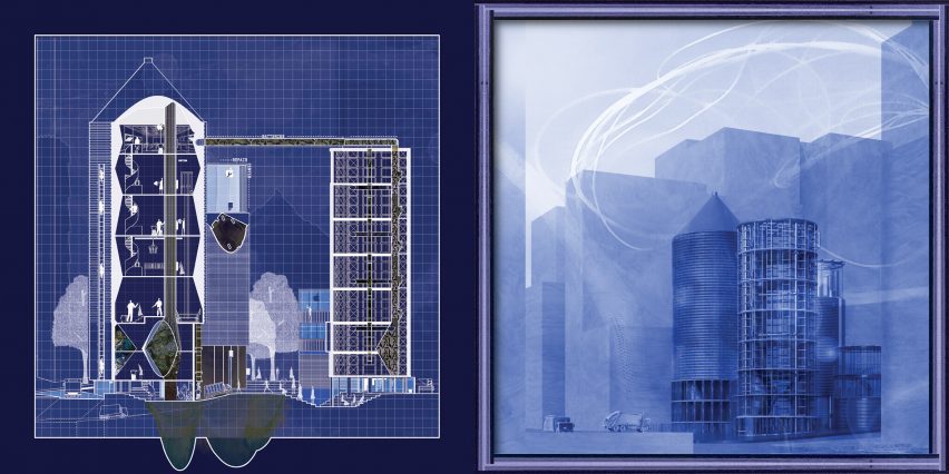 Blue-toned visualisations showing grain silo-shaped recycling plant