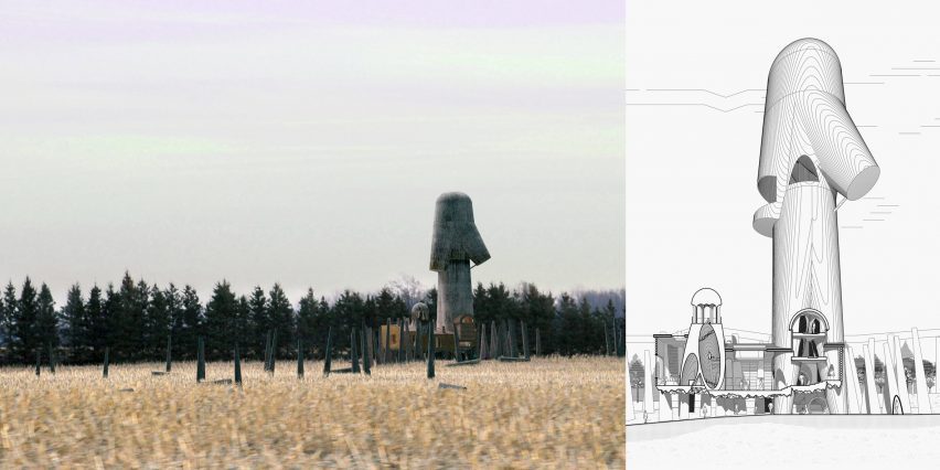 Visualisations showing a tower-like building in a field