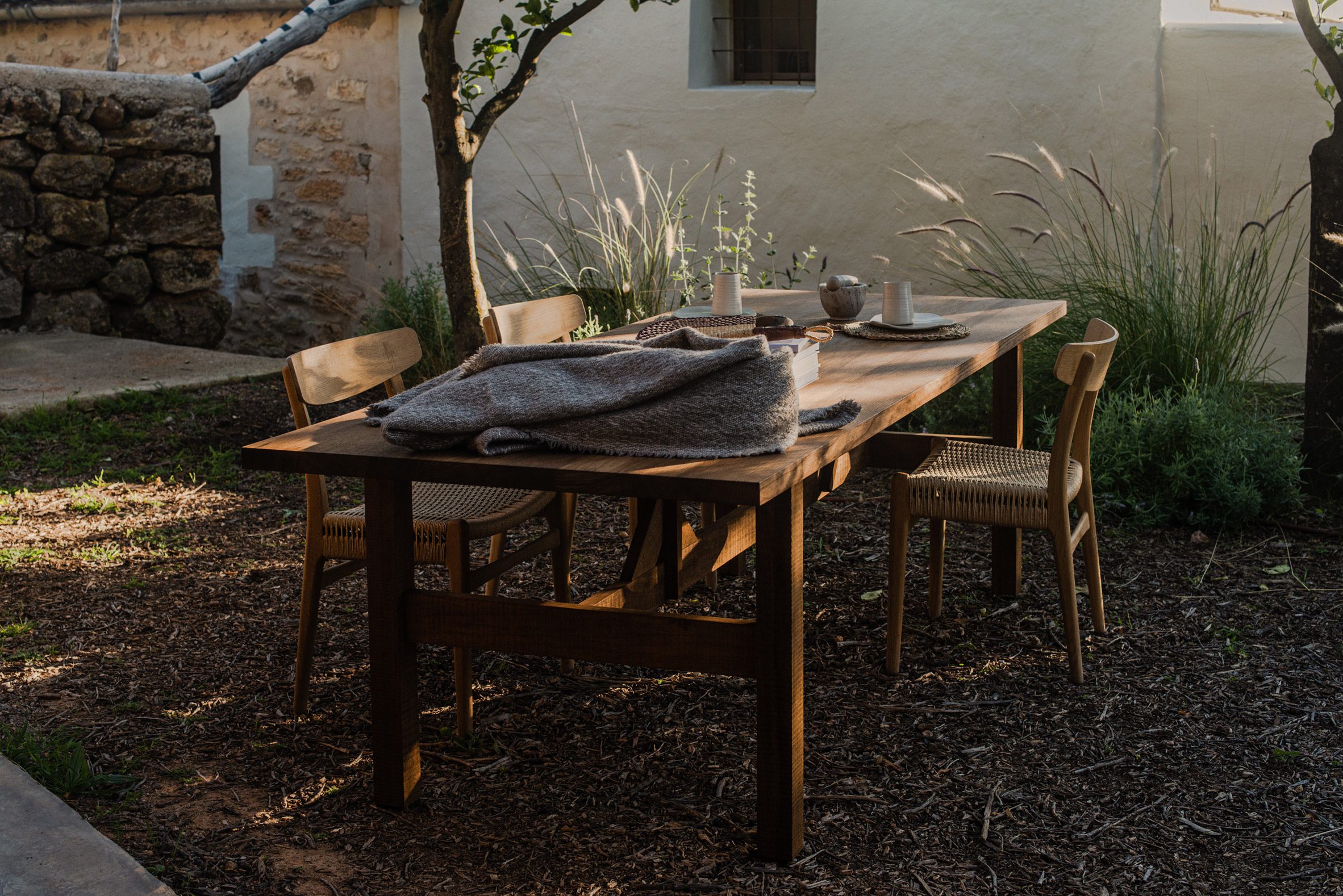 Wooden dining table outdoors