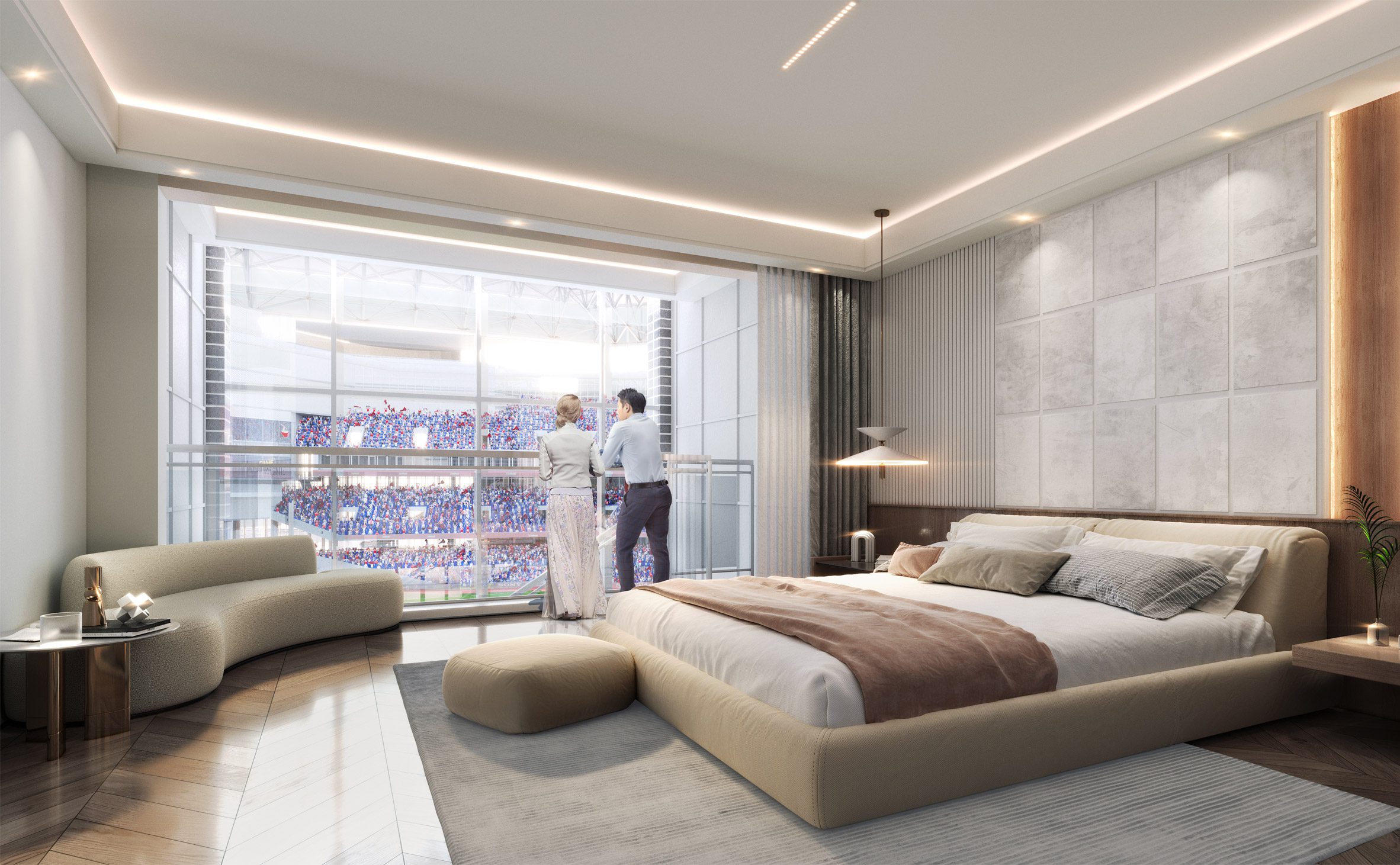 Render of a hotel suite overlooking a stadium
