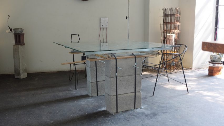 Table with reclaimed cinderblock legs