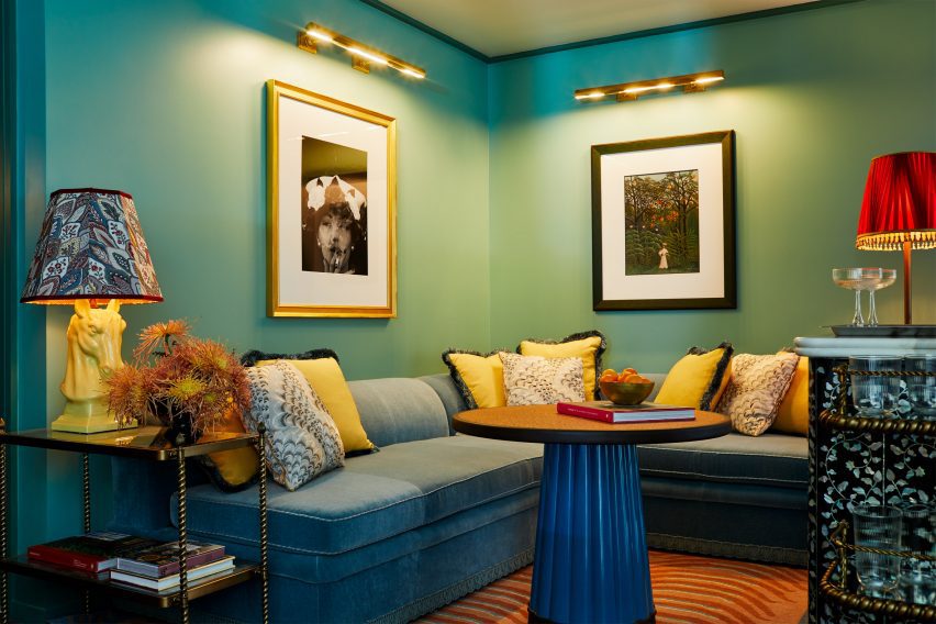green walls and bespoke coffee tables at The Fifth Avenue hotel
