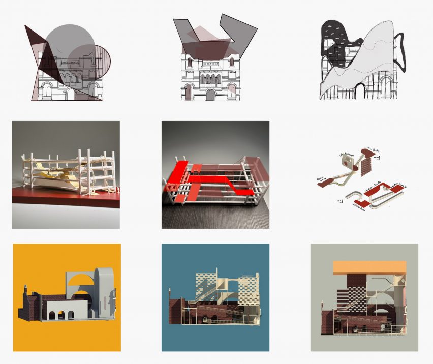 architectural drawings, renderings and photos of architecture models