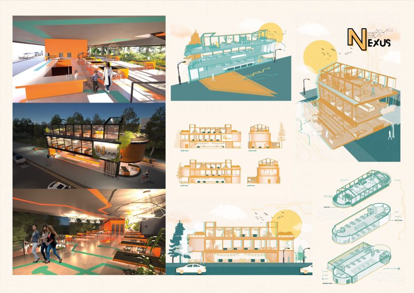 architectural visuals and renderings of a community food hall