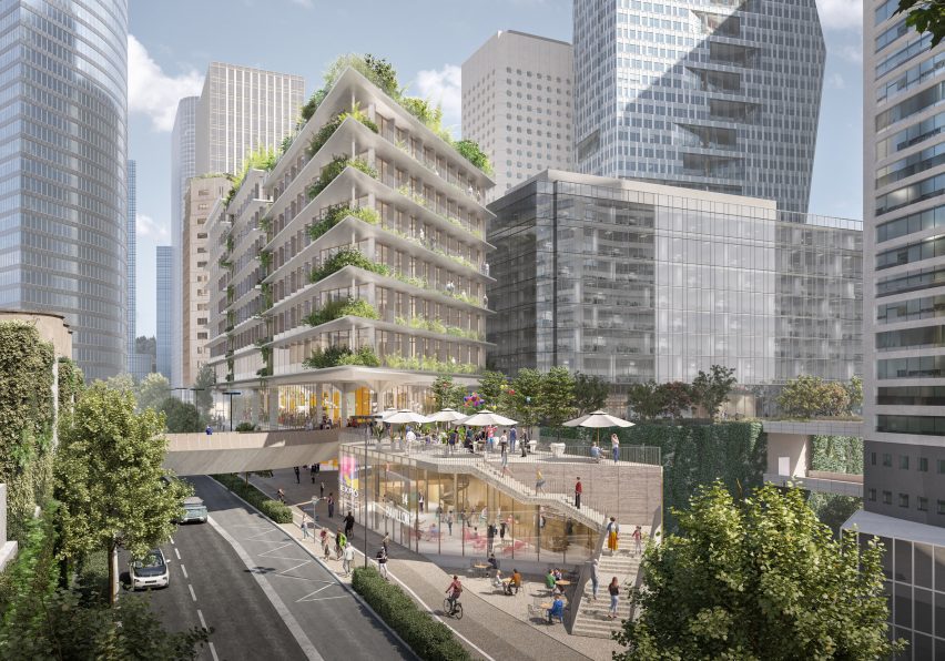 Render view of mixed use development in Paris business district by RSHP