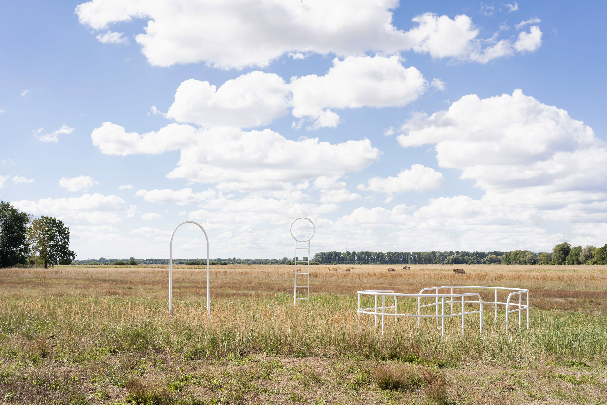 three white sculptures in fields by graduates of University of the Arts Berlin