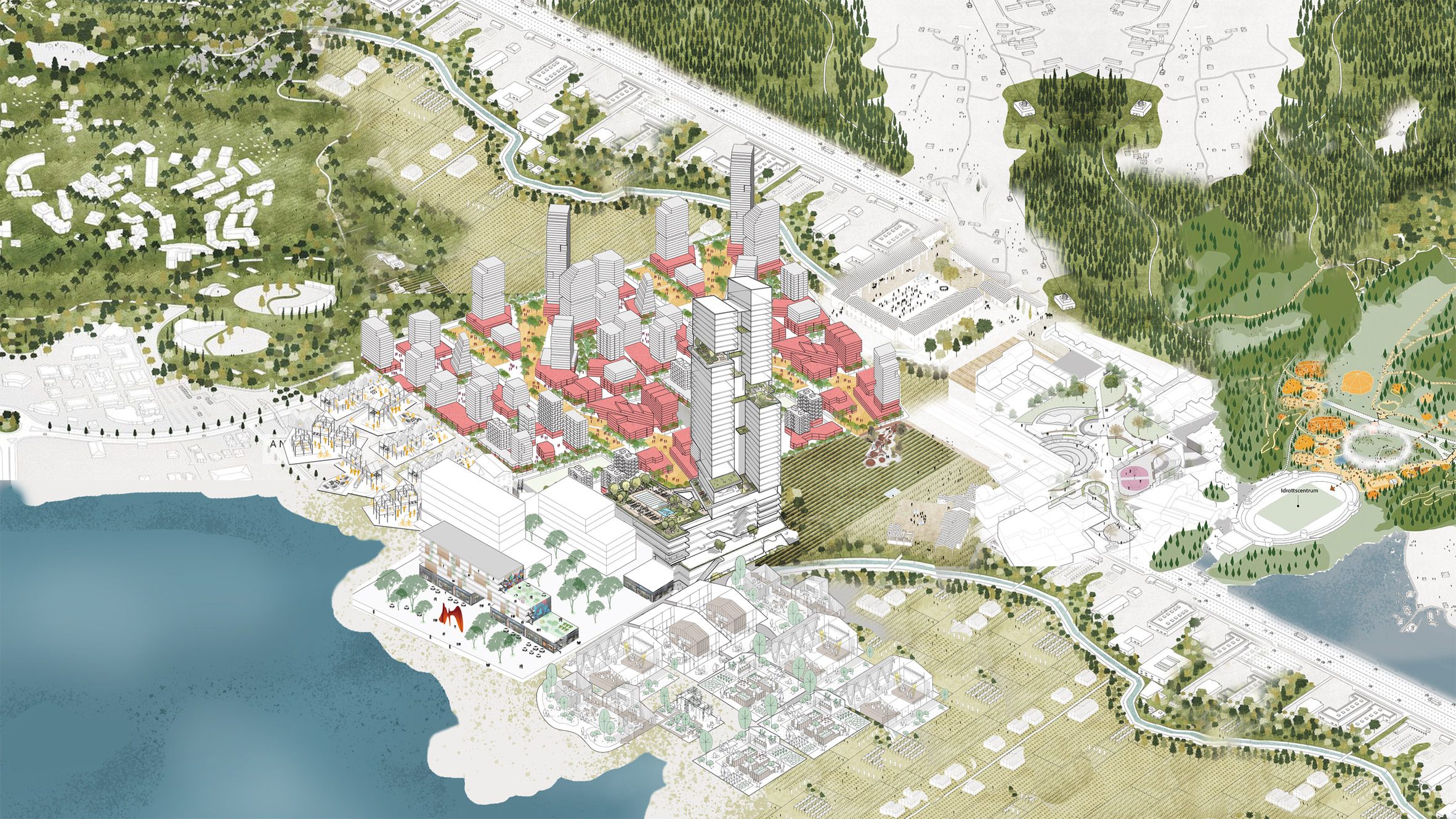 aerial view rendering of a coastal neighbourhood