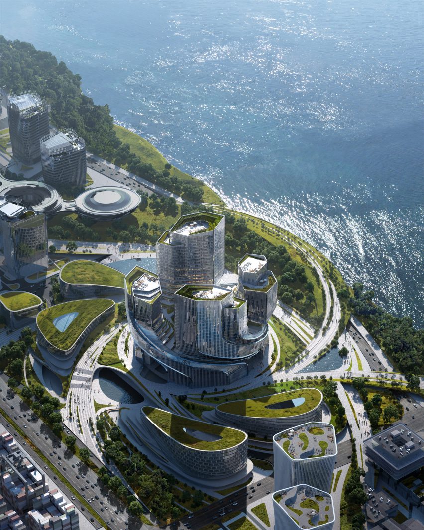 Aerial render of office headquarters in Shenzhen by Büro Ole Scheeren