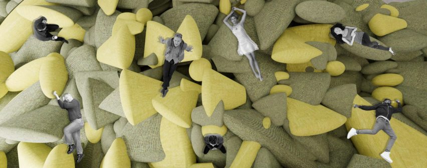 People laying in foam shapes