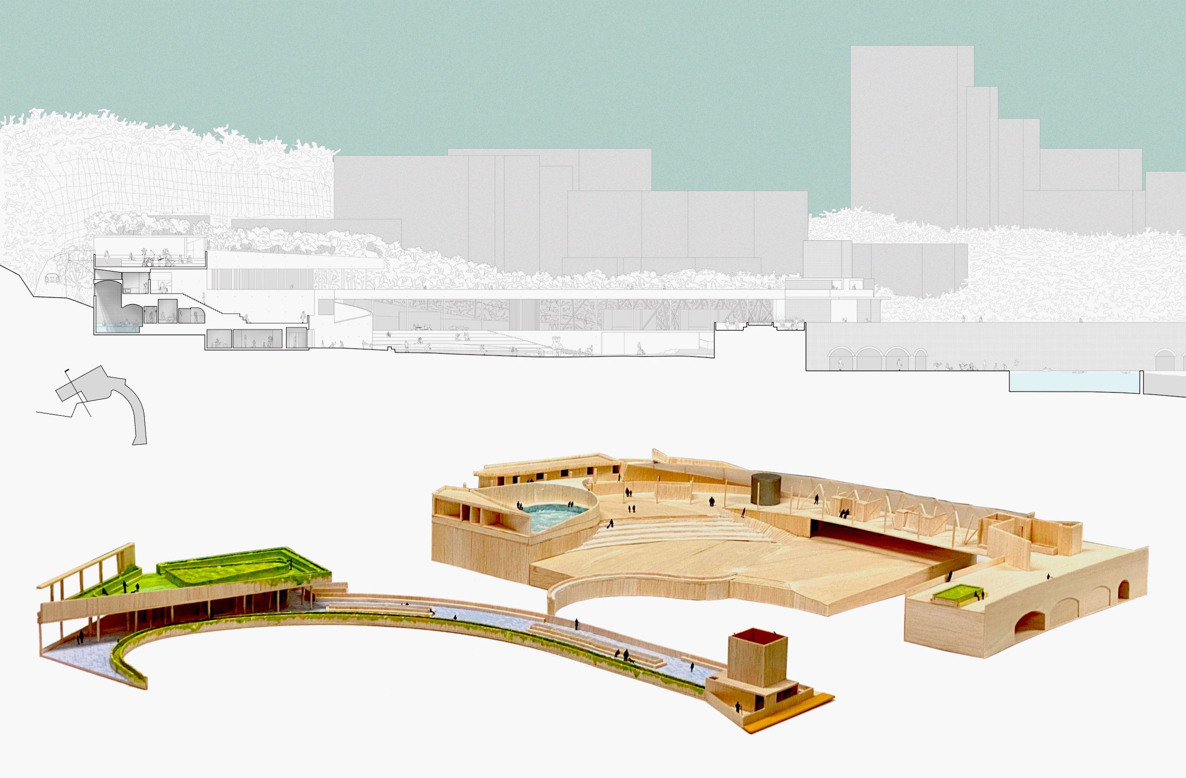 Model and sectional drawing showing site built into hillside