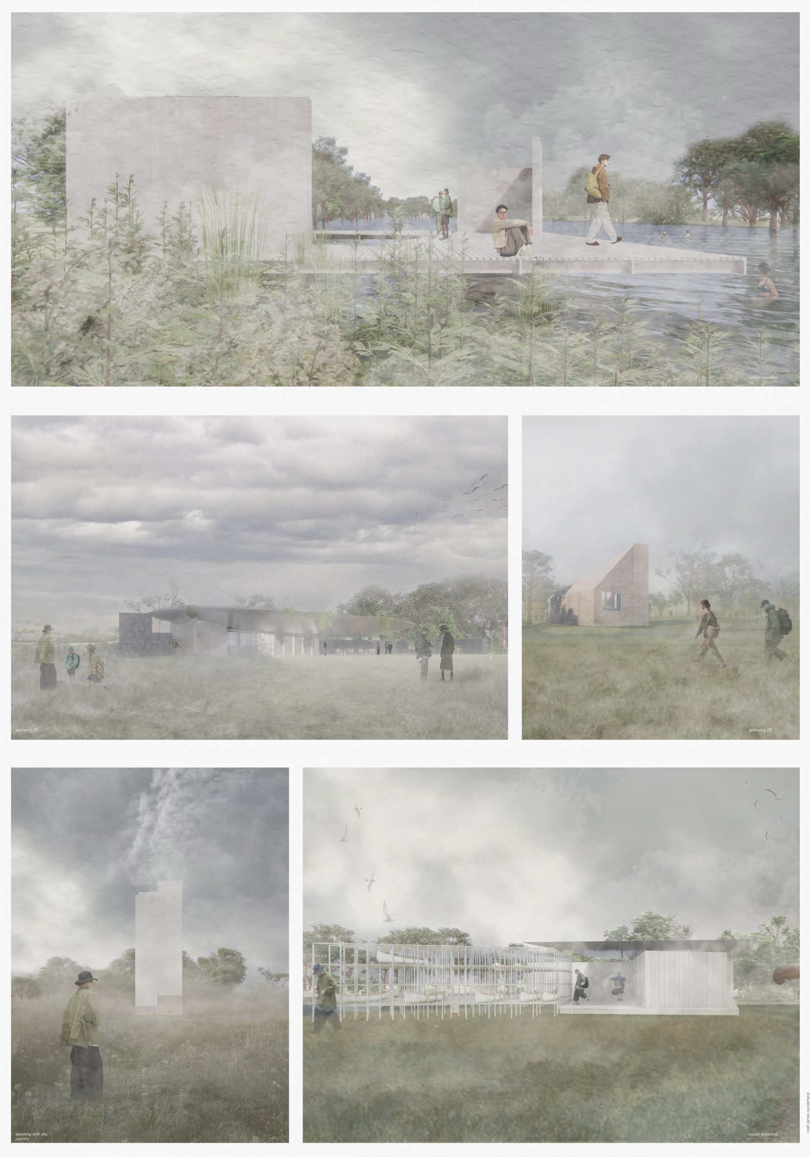 Visualisations showing people in landscapes with buildings