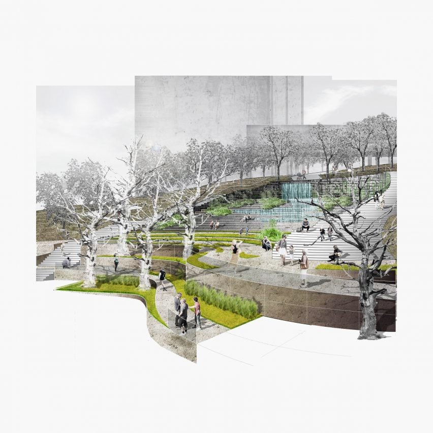 Visualisation showing a concrete square with plants and waterfalls on a university campus
