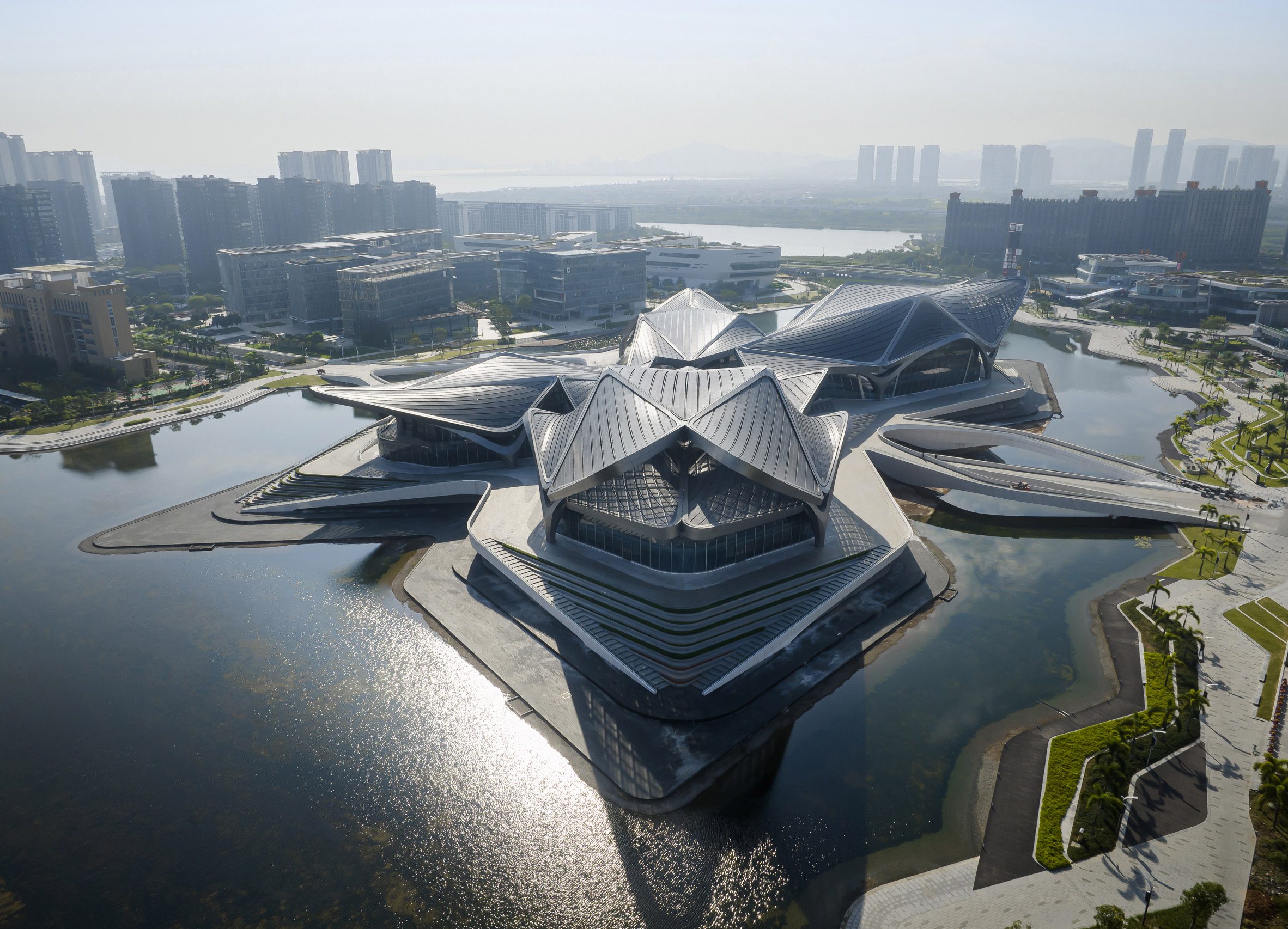 Aerial view of Zhuhai Jinwan Civic Art Centre by Zaha Hadid Architects