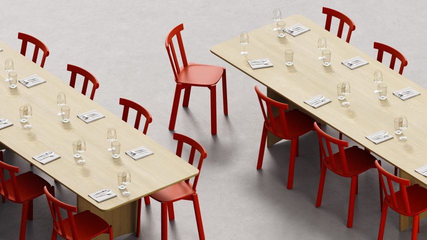 Red dining chairs around tables