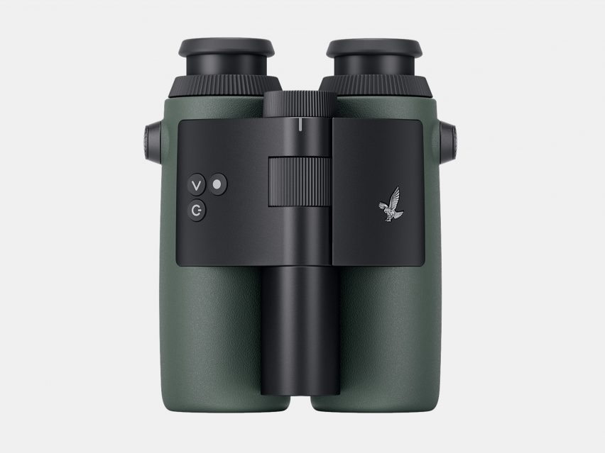 Image of the AX Visio binoculars viewed from directly above, showing a dark green case and black aluminium bridge and details