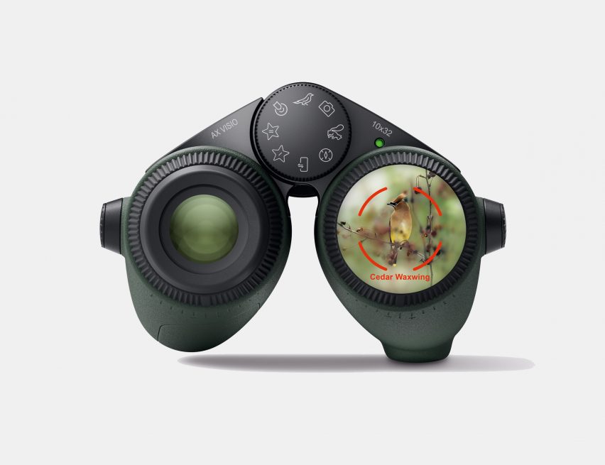 Image of AX Vision binoculars with a rendering of how the AI ​​bird spotting feature appears in augmented reality on a lens