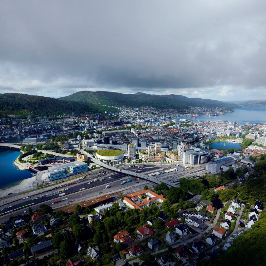 Aerial visualisation of Bergen development by CF Møller Architects