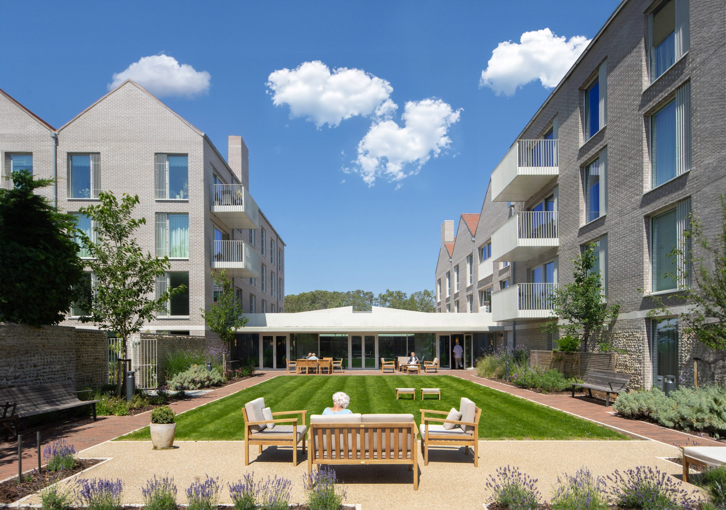 Central garden at Cobham Bowers retirement housing in Surrey by Coffey Architects