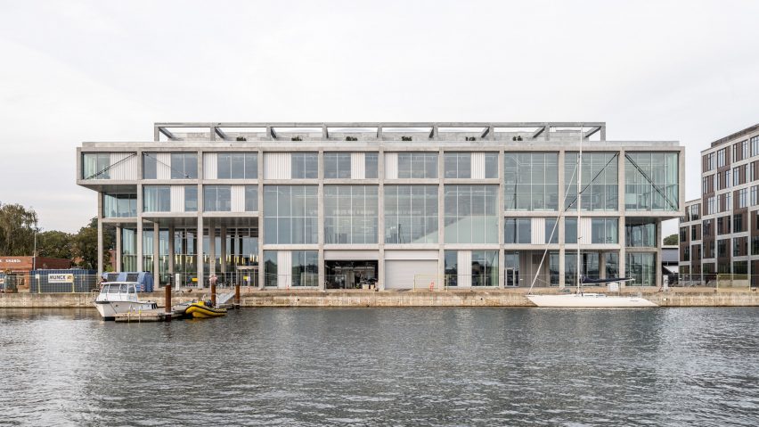 Front elevation view of concrete maritime academy in Denmark by EFFEKT and CF Moller Architects