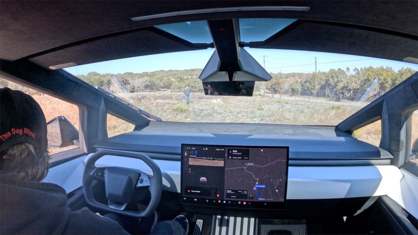 Still from Dezeen video showing cockpit of Tesla's electric pickup truck