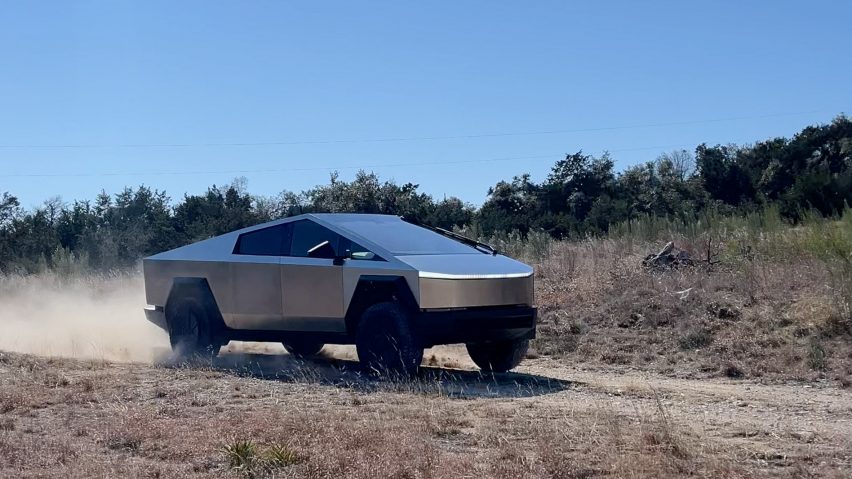 Still from Dezeen video of Tesla's Cybertruck being driven in a desert