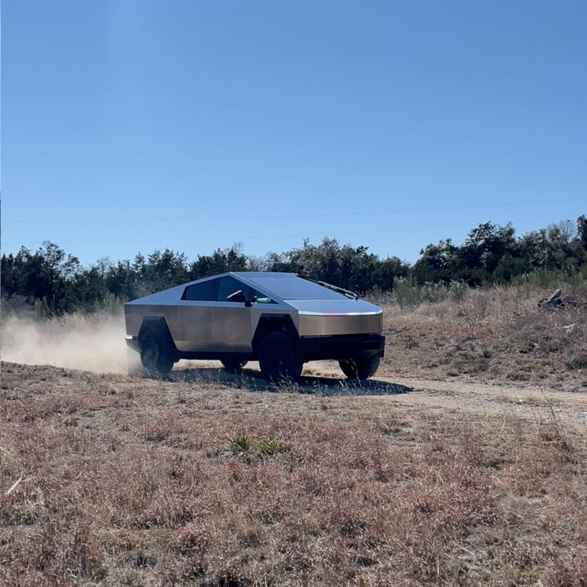 Still from Dezeen video of Tesla's Cybertruck being driven in a desert