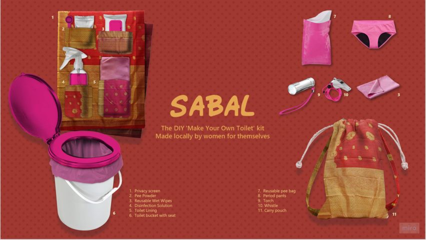 Graphic showing ingredients of DIY toilet kit Sabal from first cohort of Design for Good
