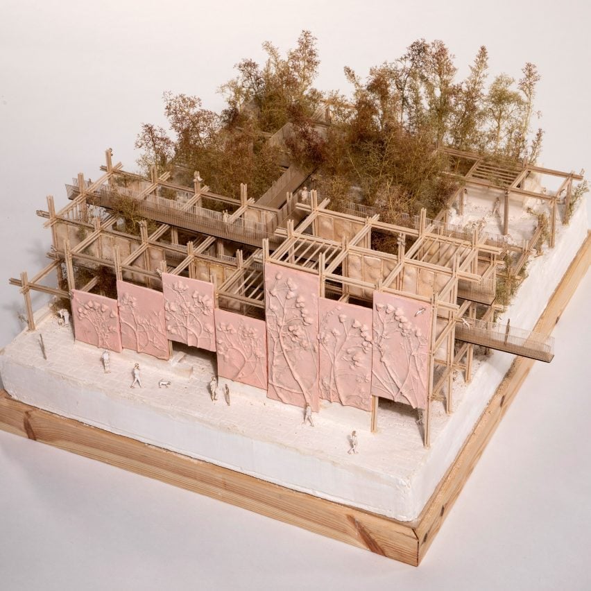 Architectural model with pink panels on it