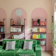 Pink wall graphics, green sofa and rainbow bookshelves in Moroccan-inspired townhouse by PL Studio