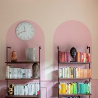 Pink wall graphics and rainbow bookshelves in Moroccan-inspired townhouse by PL Studio