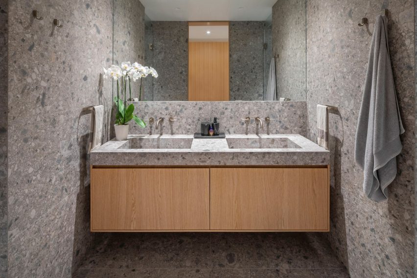 Marble tiles and geometric cabinetry
