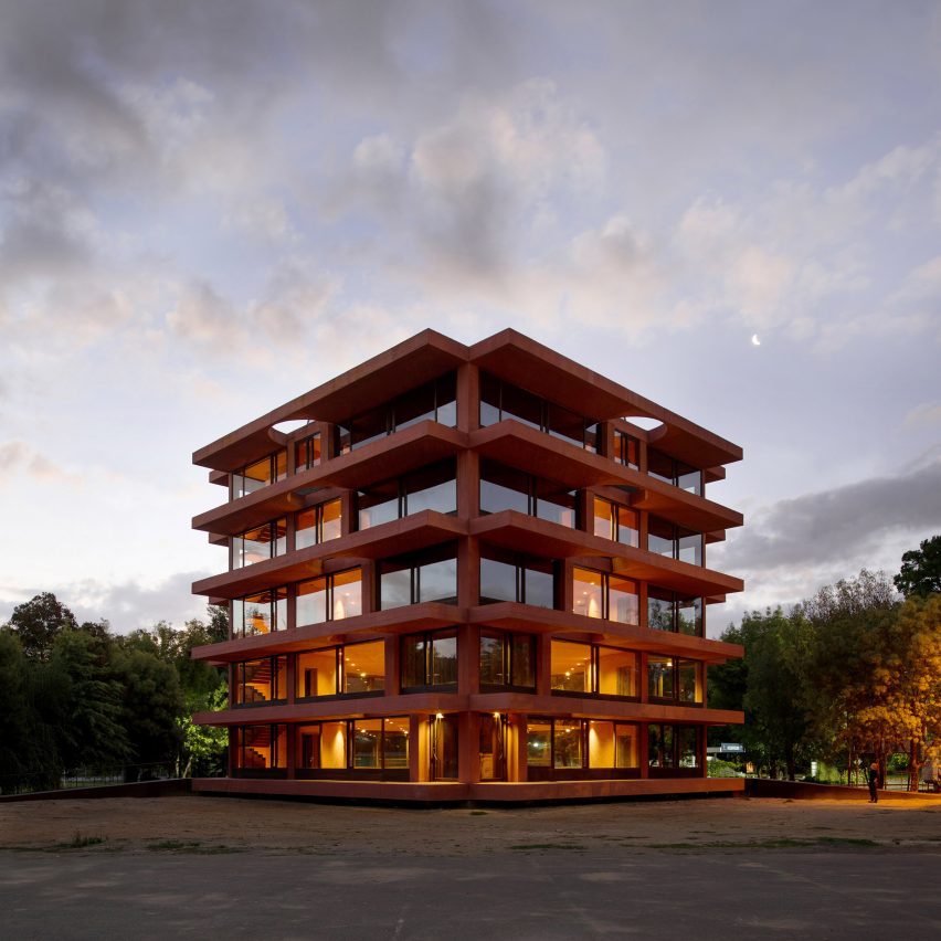 Red concrete university building in Chile