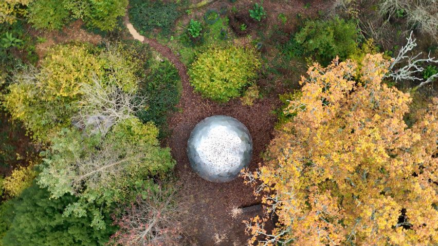 Aerial view of woodworking shelter by Invisible Studio and Pearce+ at Westonbirt arboretum